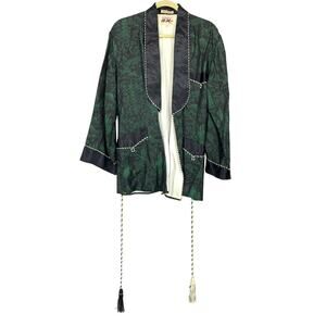 VTG Hi-Mode Robe Jacket Womens Sz M Green Asian Print Kimono Smoking Jacket